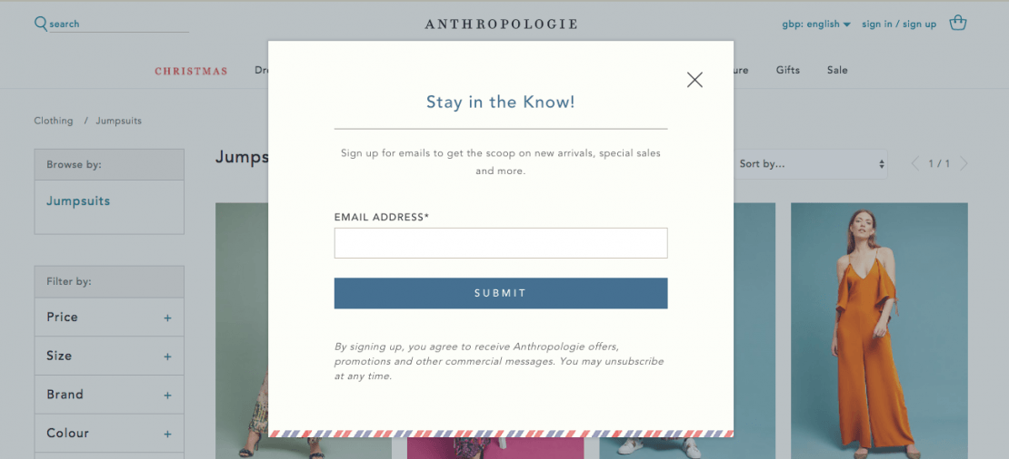 Customer database growth: Anthropologie sign-up overlay